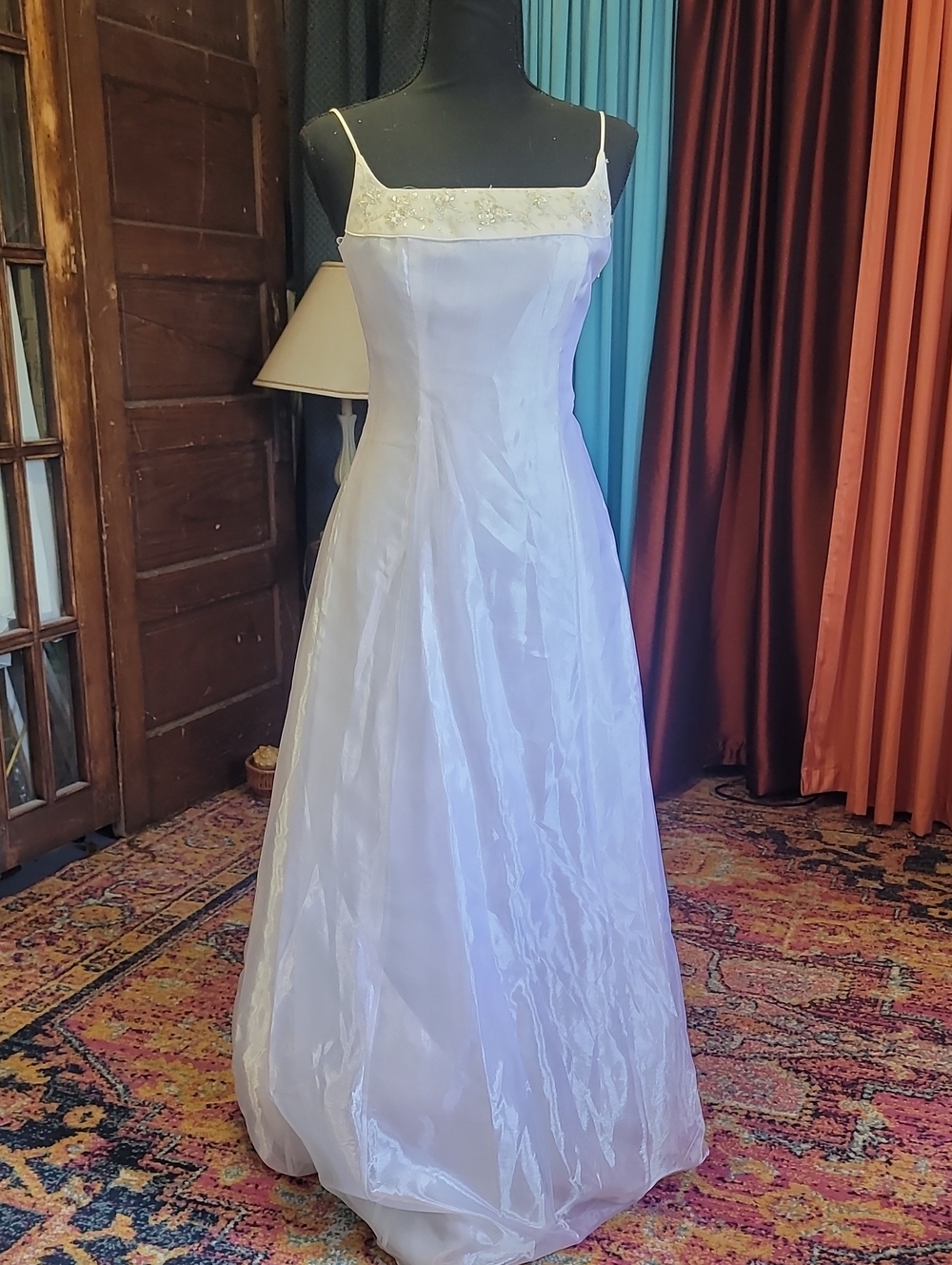 White Spaghetti-Strap Evening Gown with Embellished Bodice